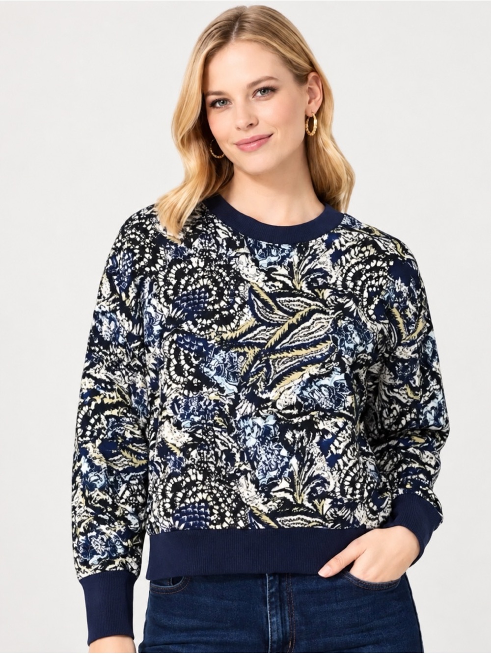 Joie Caleigh Paisley Pattern Cropped Pullover Sweatshirt w/ Thumbholes